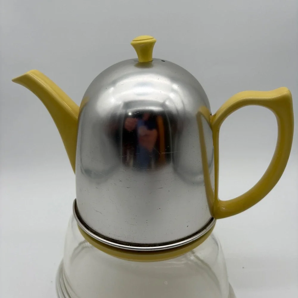 Vintage Hall China Yellow Teapot with Insulated Chrome Aluminum Cozy Made in USA